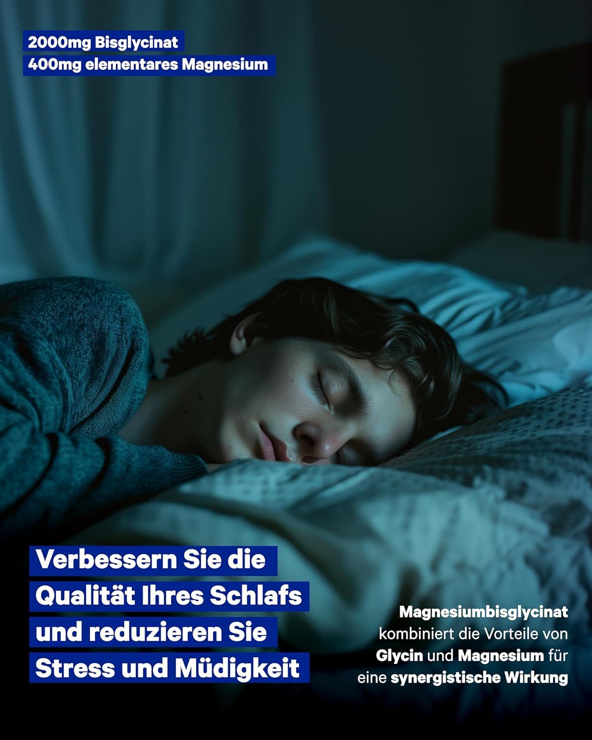 Schlafende Person mit Text: 2000mg Bisglycinat, 400mg elementares Magnesium.