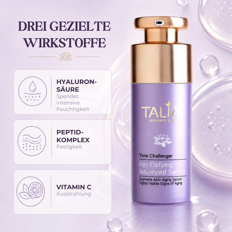 Lila Serumflasche "Talia Heaven's Dew Time Challenger" mit Pumpspender.