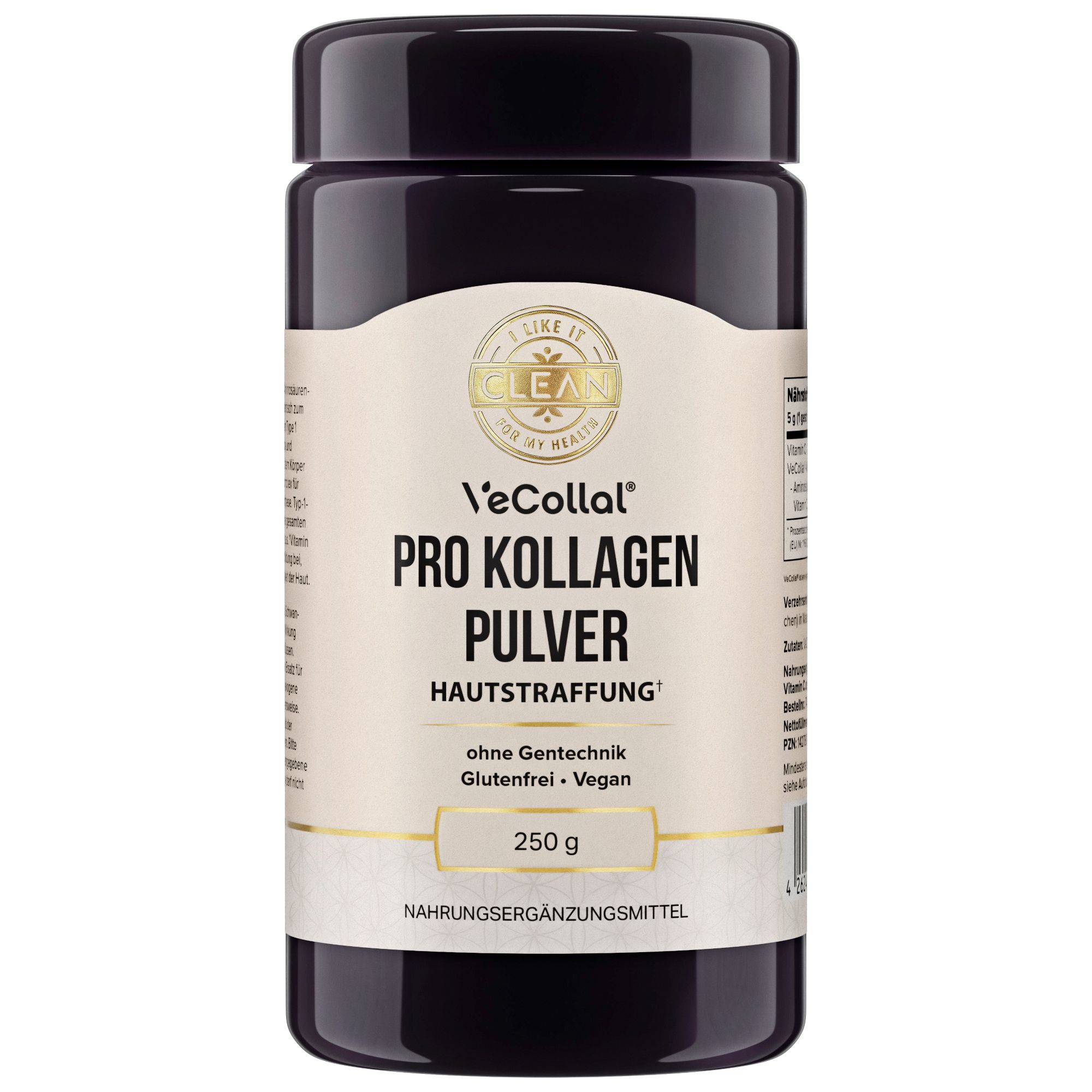 Dunkle Dose i-like-it-clean Pro Kollagen Pulver. Aufschrift: Hautstraffung, 250 g, vegan, glutenfrei. Produkt im Vordergrund.