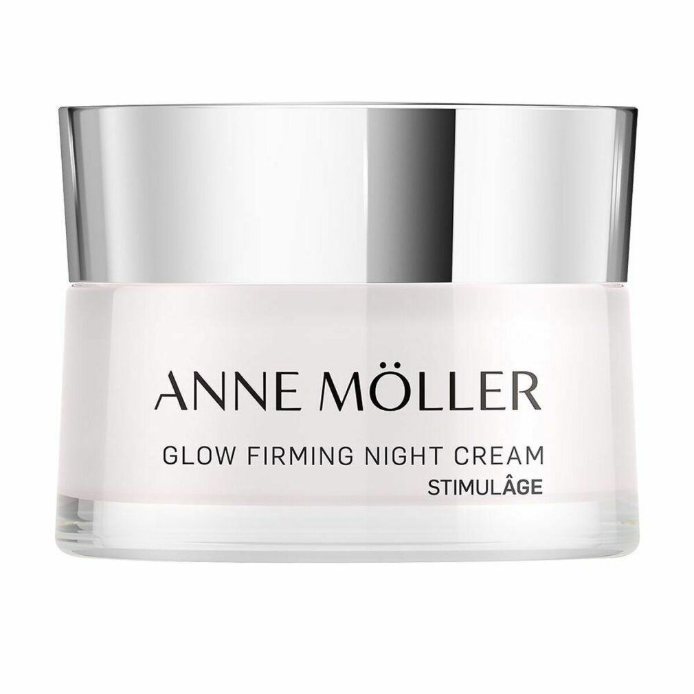 Creme-Tiegel mit silbernem Deckel. Aufschrift: ANNE MÖLLER, GLOW FIRMING NIGHT CREAM, STIMULÂGE.