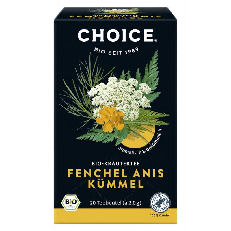 Dunkelblaue Schachtel mit "CHOICE"-Logo, Kräuterabbildung und Text: "Fenchel Anis Kümmel". Enthält 20 Teebeutel.