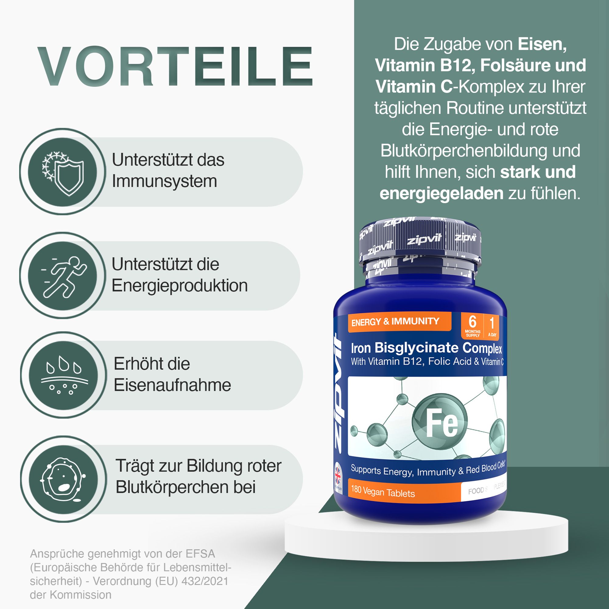Zipvit Eisen Bisglycinat High Strength - mit Vitamin C, B12 & Folsäure - Vegan