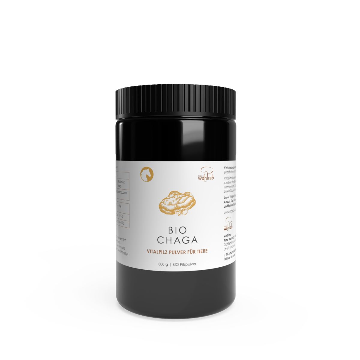Schwarze Dose mit weißem Etikett. Aufschrift: BIO CHAGA, Vitalpilz Pulver für Tiere. Goldfarbenes Logo.