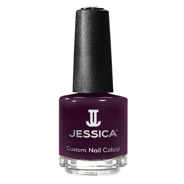 Dunkelvioletter Nagellackflakon mit schwarzem Deckel. Aufschrift: JESSICA Custom Nail Colour.