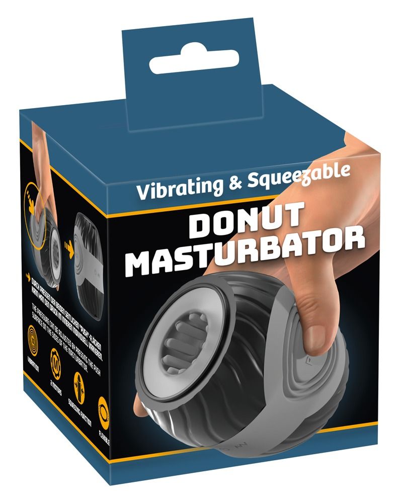 Verpackung mit Produktabbildung und Text: "Vibrating & Squeezable DONUT MASTURBATOR".