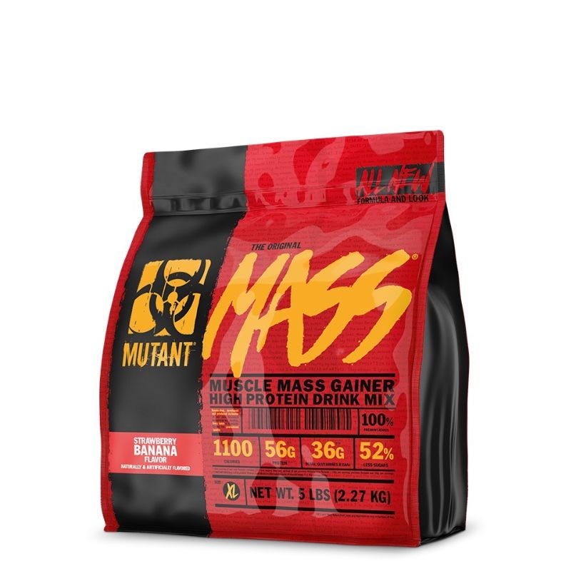 Beutel mit rotem und schwarzem Design. Aufschrift "MUTANT MASS". Enthält Informationen zu Proteingehalt und Geschmacksrichtung Erdbeere-Banane.