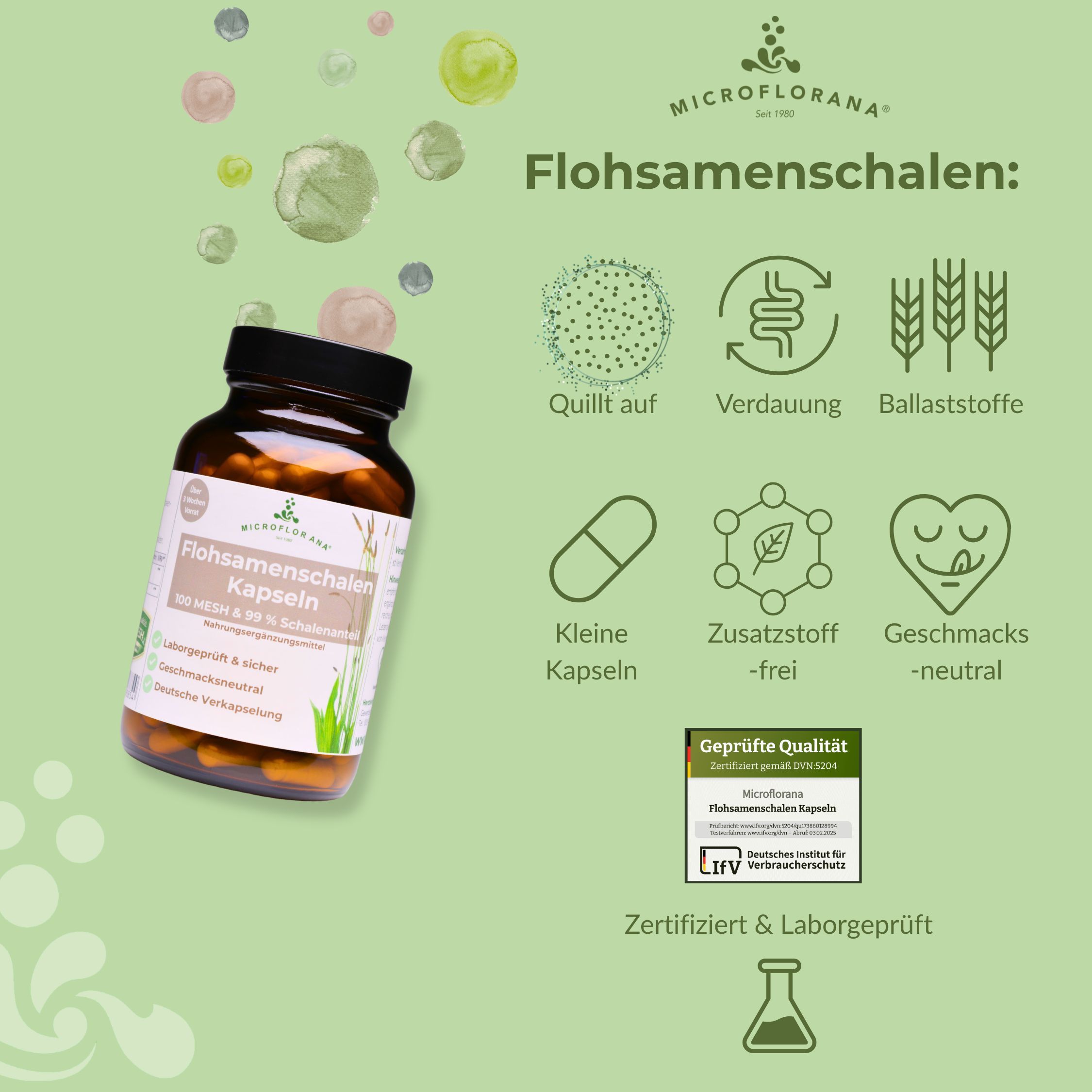 MICROFLORANA® Flohsamenschalen Kapseln hochdosiert - Natürliche Ballaststoffe - Vegan - im Glas