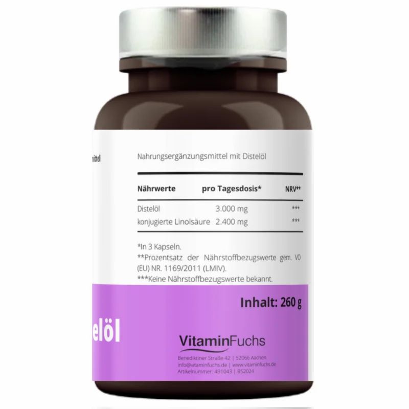 Braune Flasche mit CLA-Distelöl Kapseln von VitaminFuchs. Etikett mit Nährwertangaben und Inhaltsangabe.