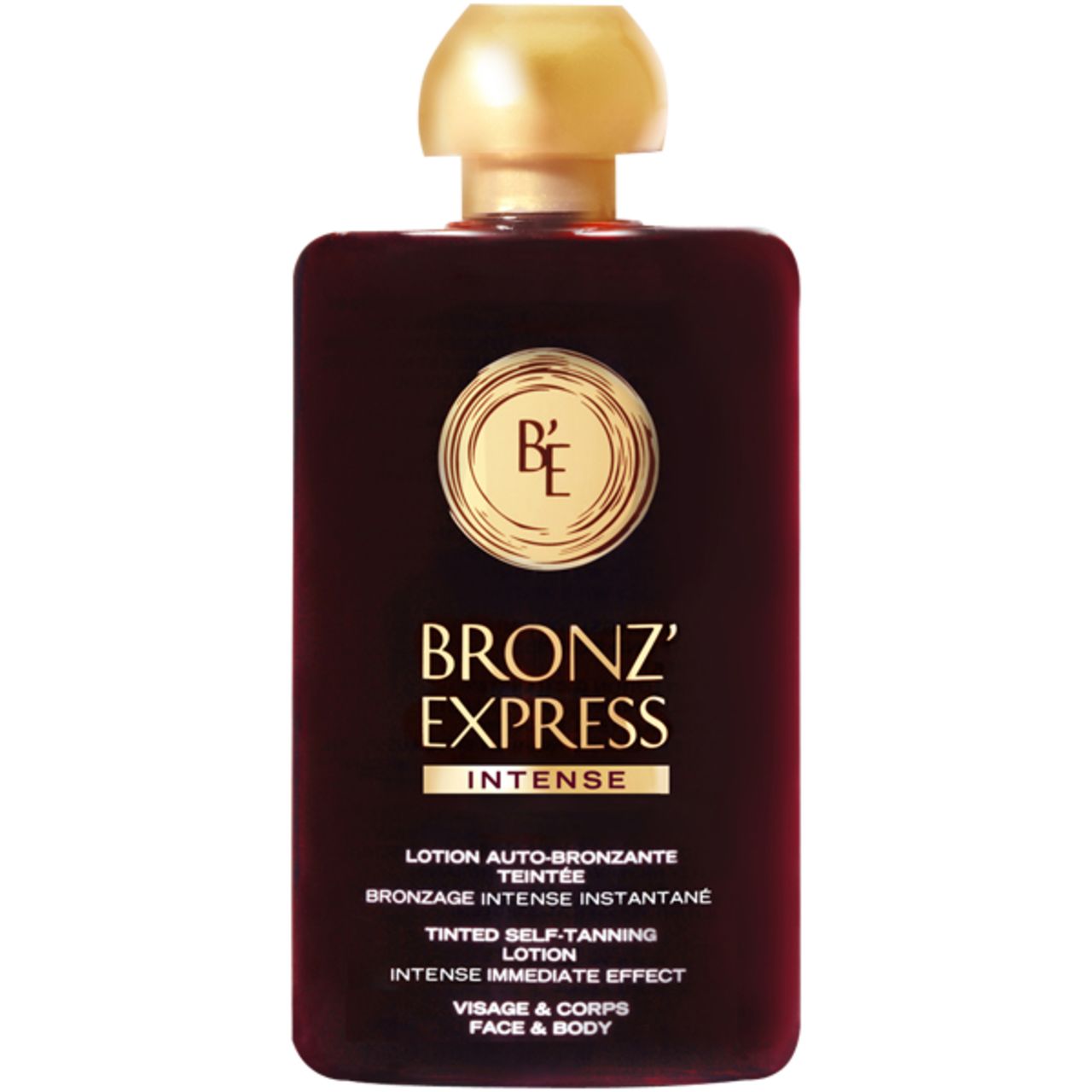 Dunkelrote Flasche mit goldfarbenem Deckel. Aufschrift: Bronz' Express Intense. Lotion für Gesicht & Körper.