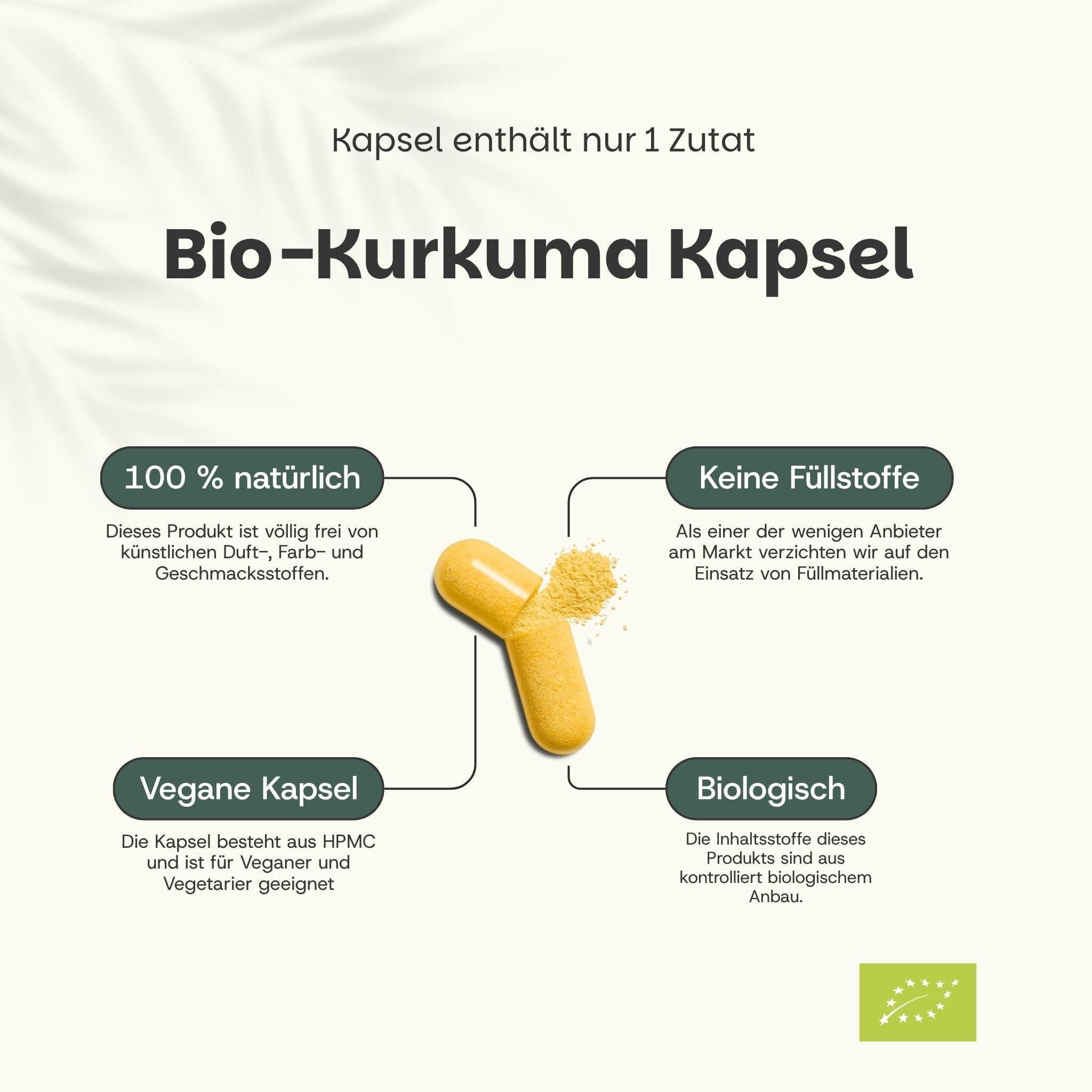 Eine einzelne Bio-Kurkuma-Kapsel mit Pulver.
