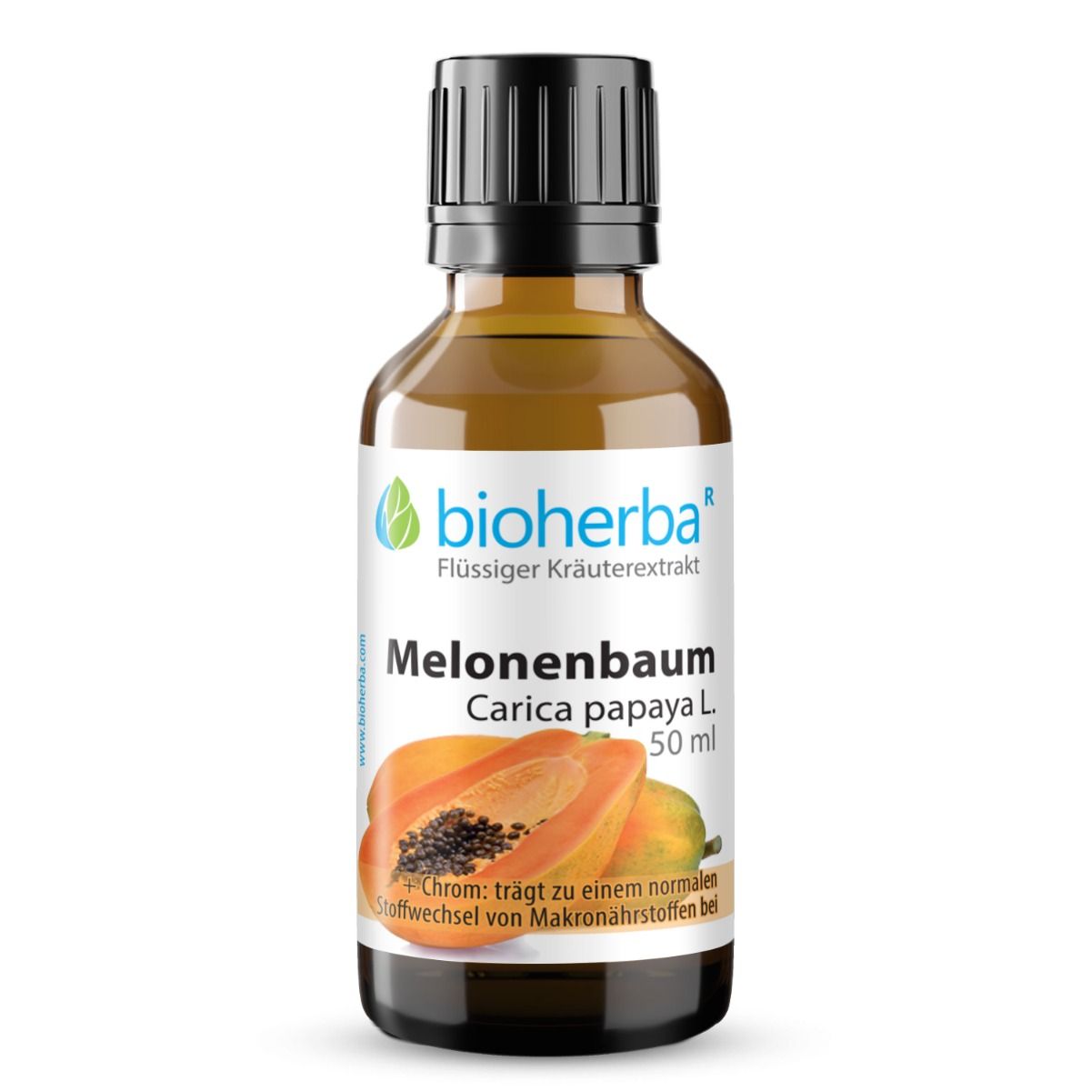 Braune Glasflasche mit schwarzem Schraubverschluss. Etikett: Bioherba Melonenbaum Carica papaya L. 50 ml. Abbildung einer Papaya.