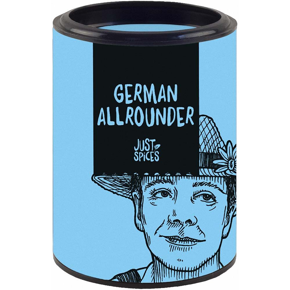Zylindrische Dose mit blauem Hintergrund und schwarzem Deckel. Aufschrift "German Allrounder" und "Just Spices". Illustration eines Mannes.