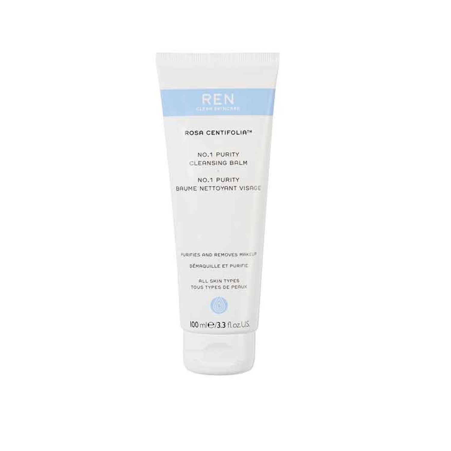 Weiße Tube mit blauem Streifen. Text: REN, Rosa Centifolia, No.1 Purity Cleansing Balm, 100ml/3.3 fl.oz. Reinigt und entfernt Make-up.