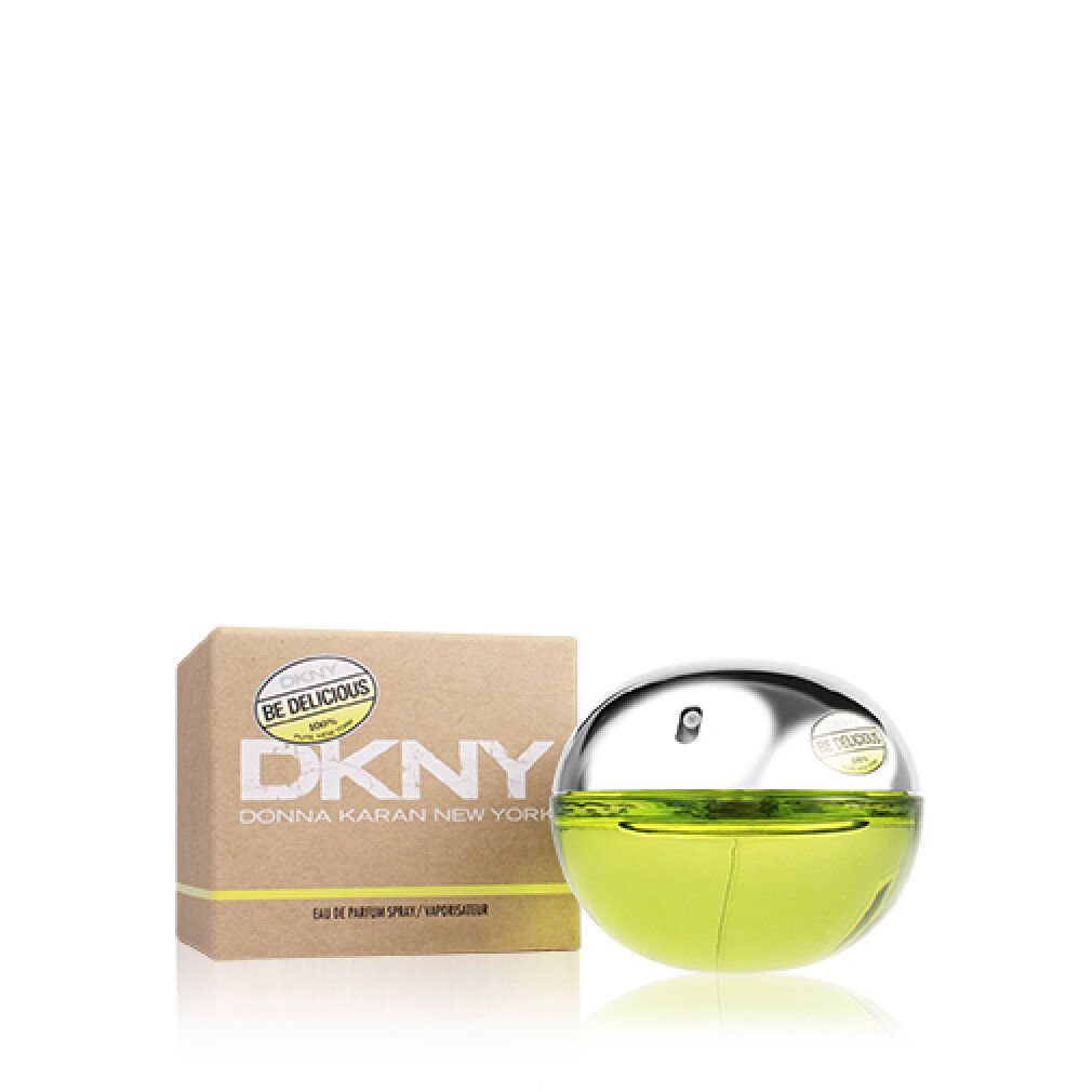 Flakon und Schachtel. Flakon rund, silberne Kappe, gelb-grüne Flüssigkeit. Schachtel: "Be Delicious" und "DKNY".