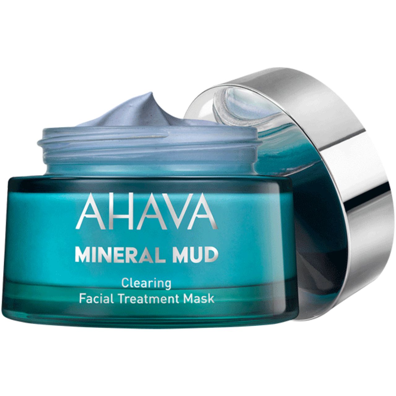 Ahava Mineral Mud Maske. Türkisgrünes Glas, silberner Deckel. Deckel geöffnet. Produktname und Text sichtbar.