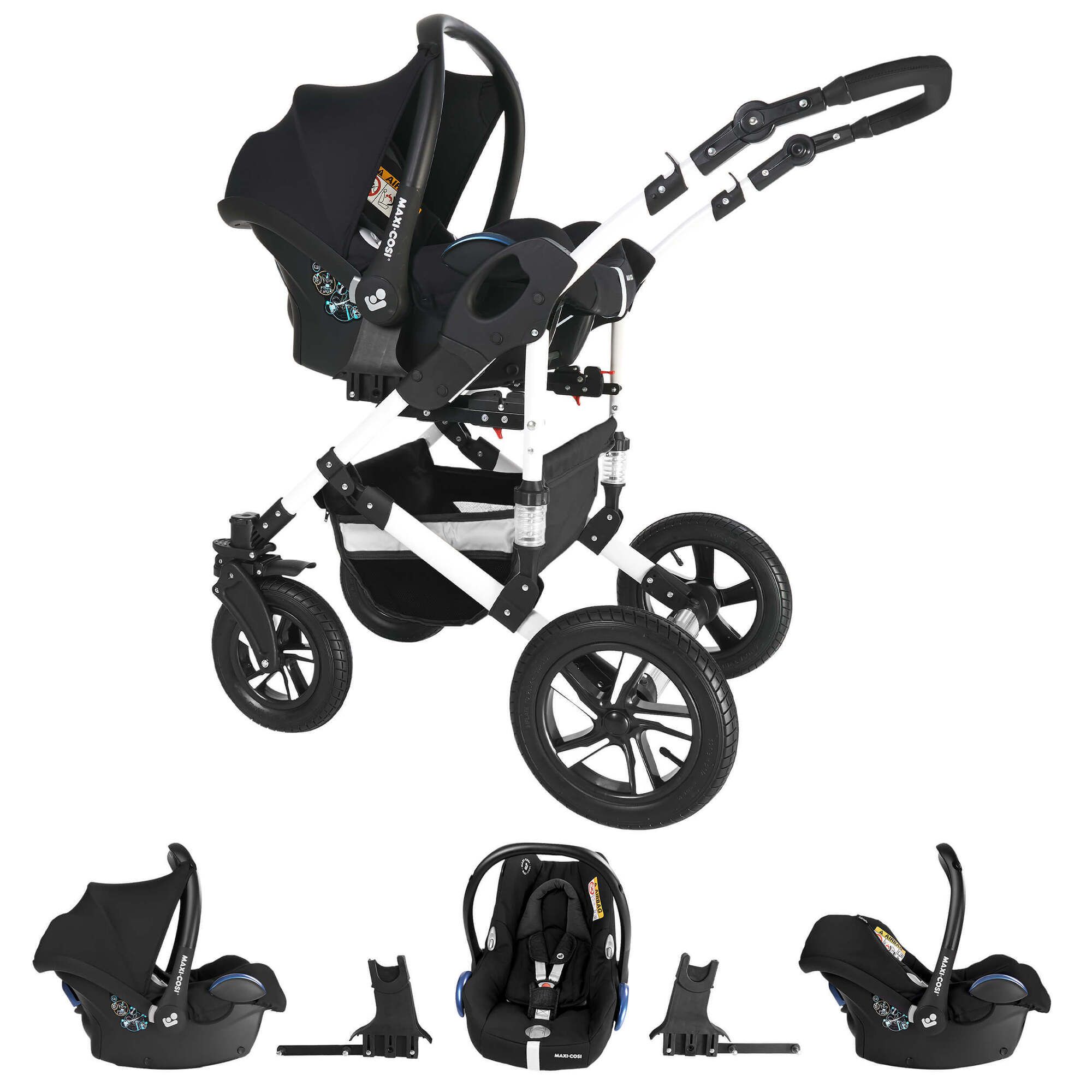 Friedrich Hugo Hamburg 4 in 1 Kinderwagen Set inkl. Maxi Cosi & FamilyFix Station, Luft White & Grey