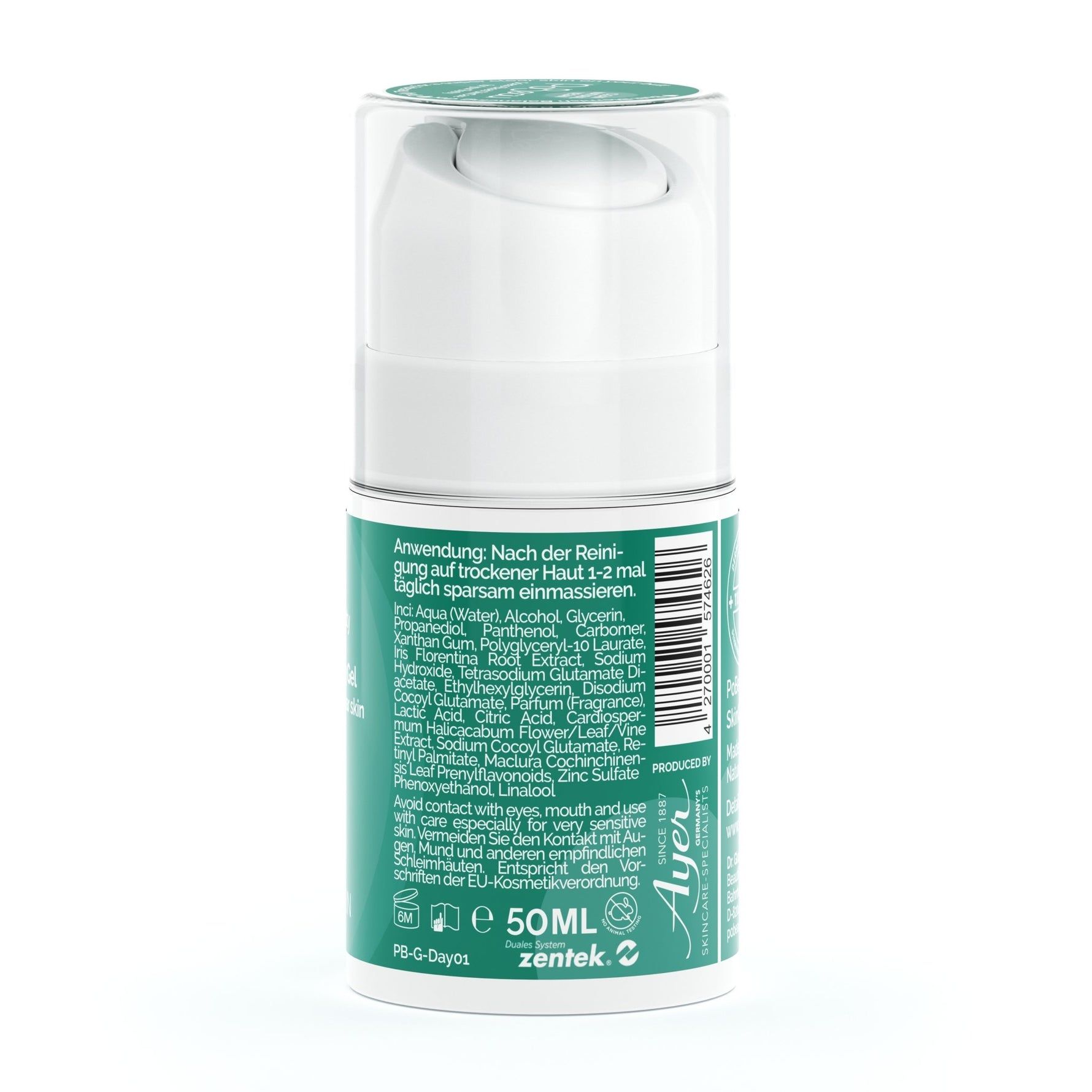 Pobeau Butt Blemish Balancing Gel. Rückseite der Flasche. Grünes Etikett mit Inhaltsstoffen und Anwendungshinweisen. 50ml.