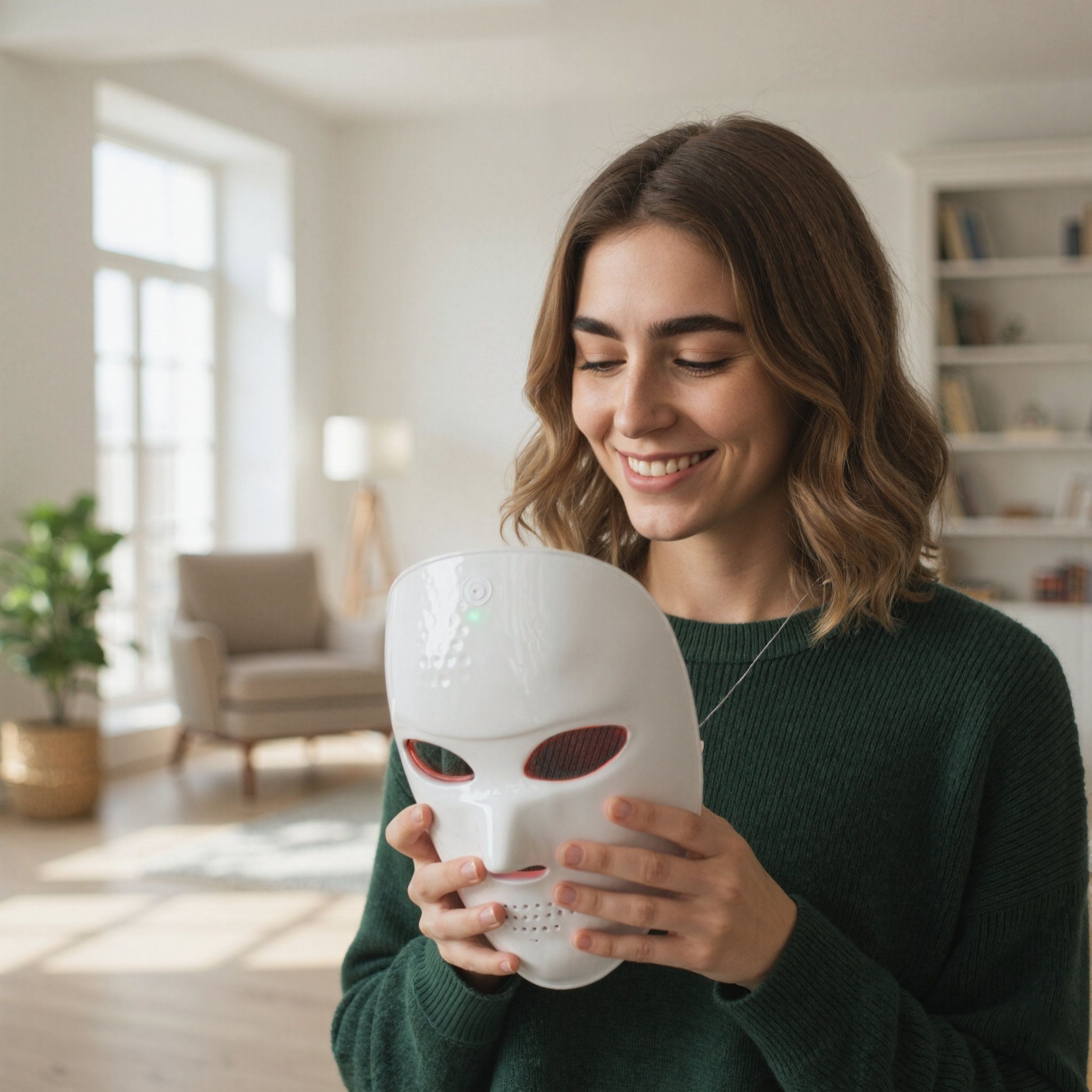 Weiße LED-Gesichtsmaske, gehalten von einer Frau. Die Maske hat eine wabenförmige Oberfläche und Öffnungen für Augen, Nase und Mund.