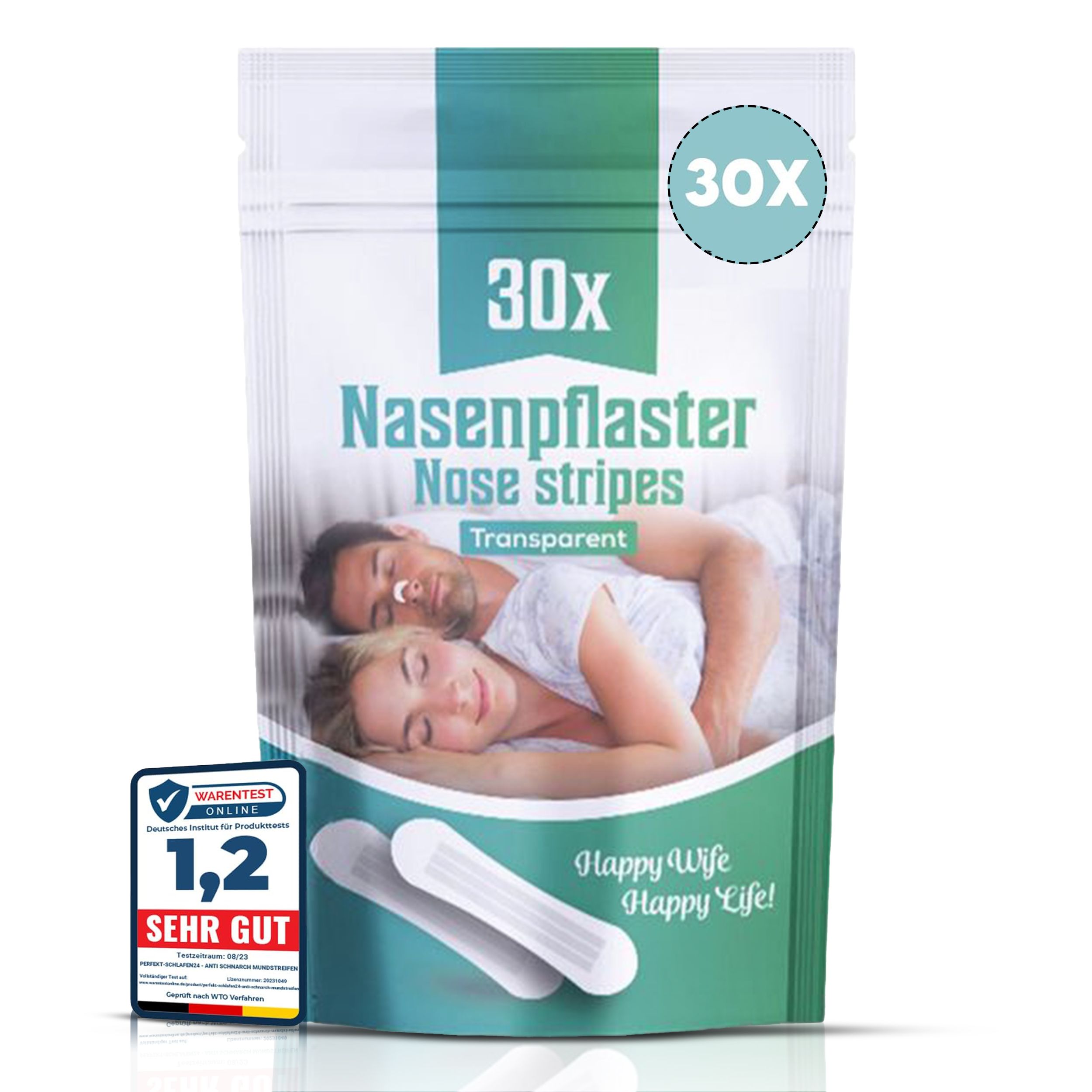Verpackung mit 30 Nasenpflastern. Transparent. Aufdruck: 30x, Nasenpflaster, Nose stripes, Happy Wife Happy Life! Mit WarenTest-Siegel.