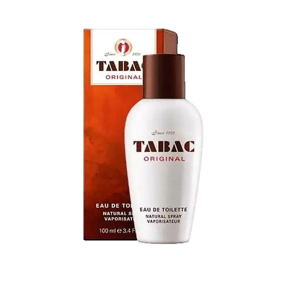 Tabac Original Eau de Toilette. Weiße Flasche mit braunem Deckel und Verpackung. Text: Tabac Original, Eau de Toilette.