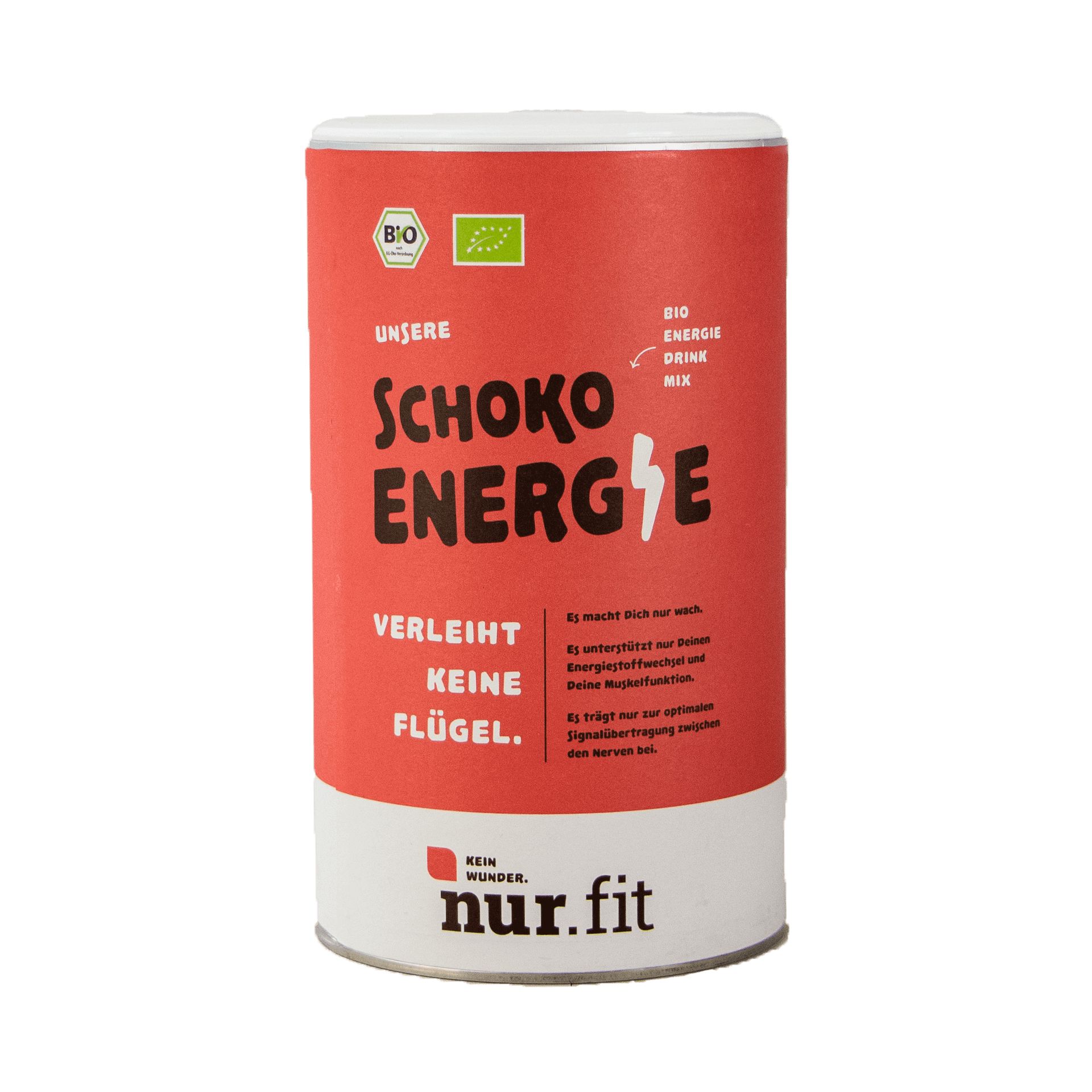 Runde Dose mit rotem Deckel und weißem Boden. Aufschrift: Schoko Energie, Bio-Siegel, Marke nur.fit.