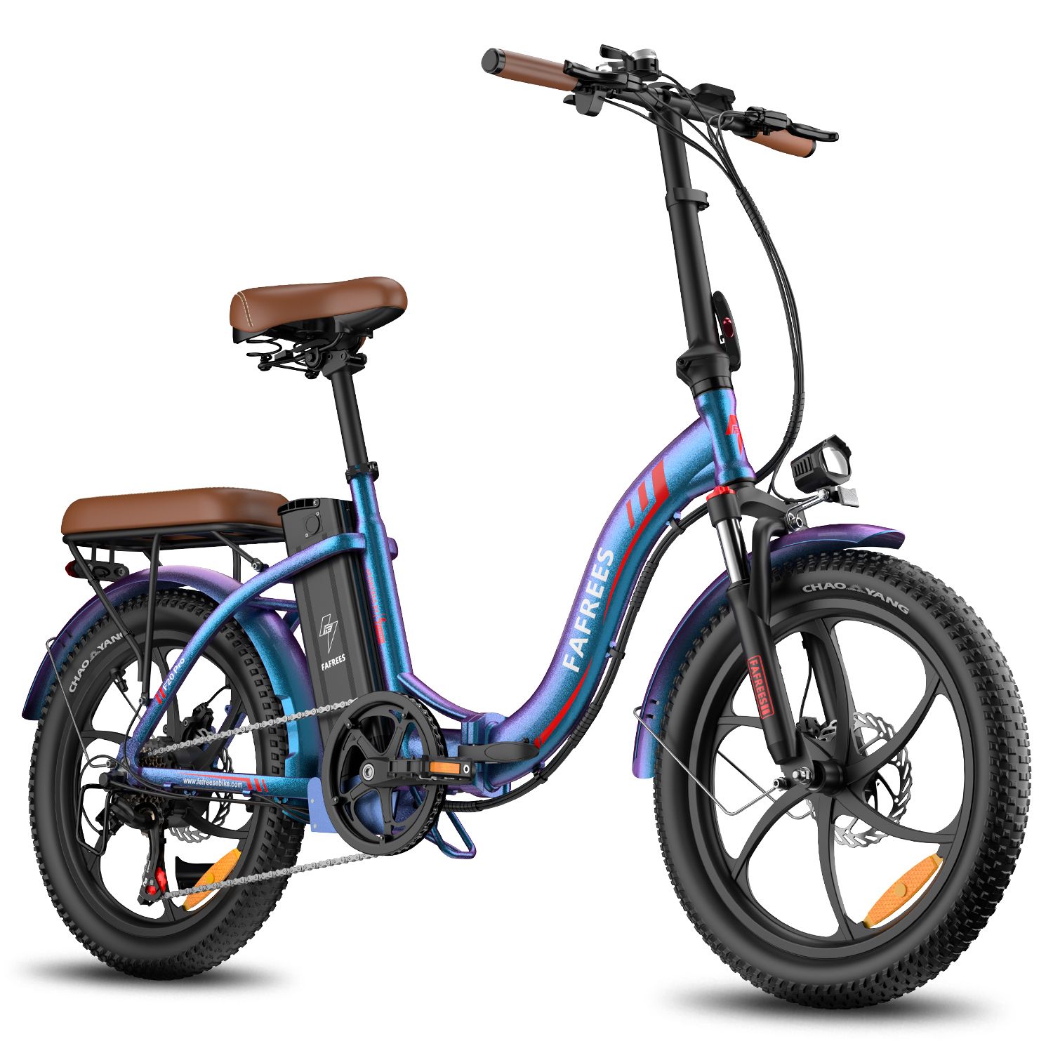 Blaues FAFREES F20 Pro Elektrofahrrad. Brauner Sattel und Lenkergriffe. Schwarze Reifen und Komponenten.