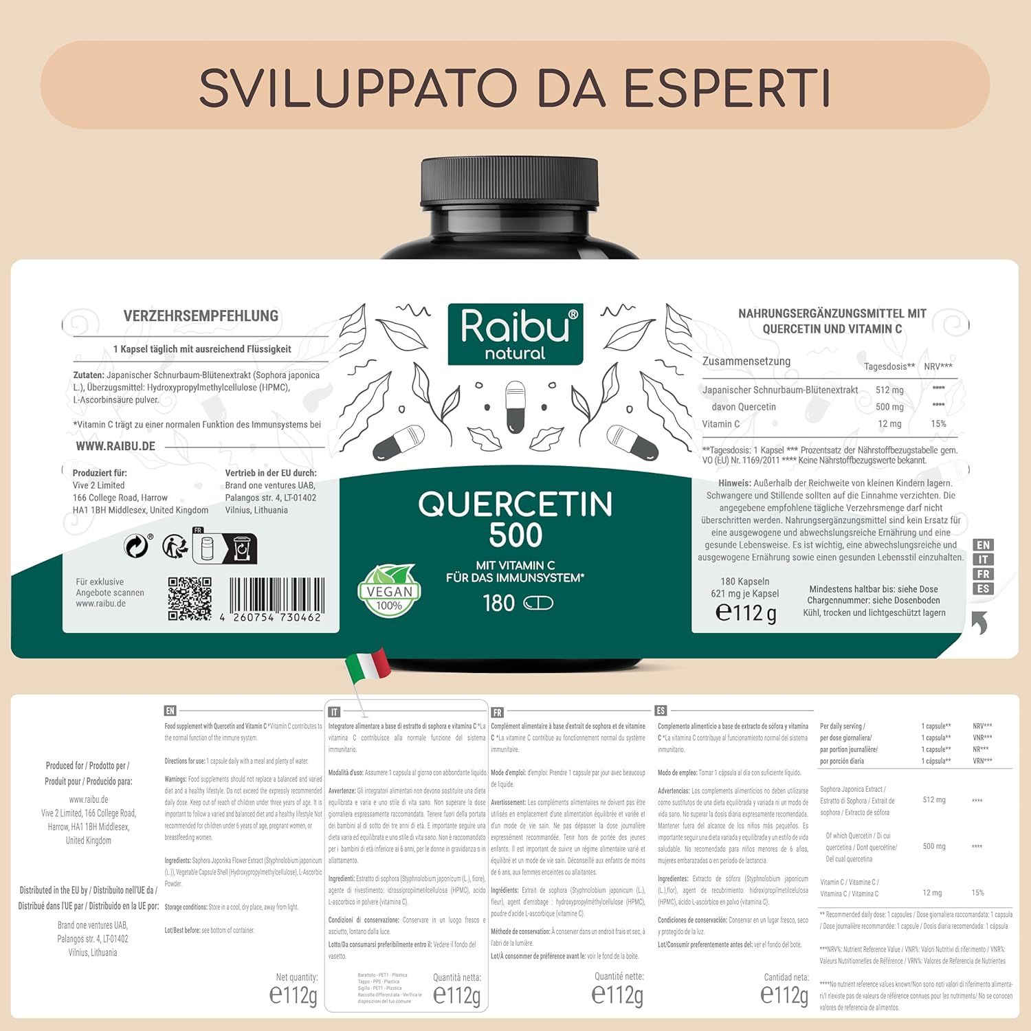 Retro del flacone con informazioni. Testo: Quercetina 500, 180 capsule. Vegan. Informazioni nutrizionali. Prodotto in Italia.