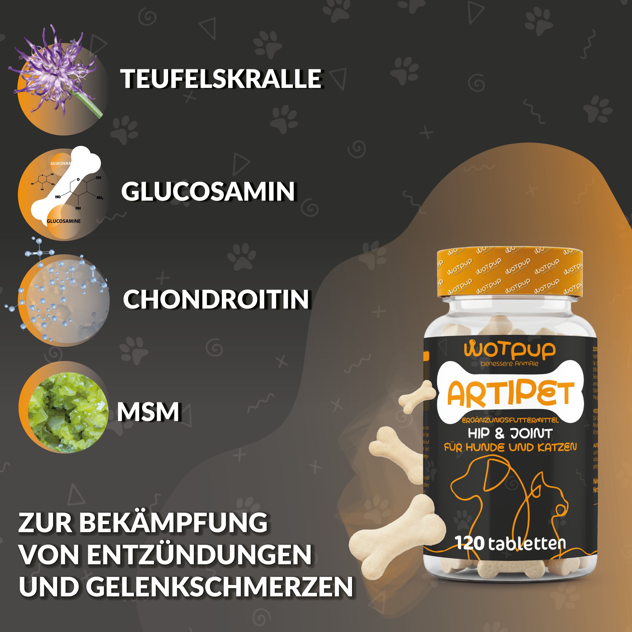 Produktflasche mit Inhaltsstoffen. Text: Artipet, Hip & Joint für Hunde und Katzen. 120 Tabletten.