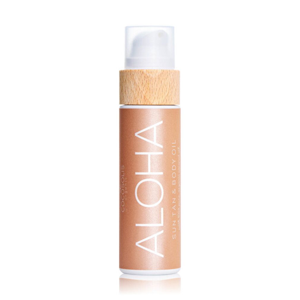 Braunes Ölfläschchen mit weißem Pumpkopf und Holzring. Aufschrift ALOHA und SUN TAN & BODY OIL.
