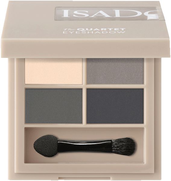 IsaDora The Eyeshadow Quartet. Beige Palette mit vier Lidschattenfarben und Applikator. Schriftzug: IsaDora, The Quartet Eyeshadow.