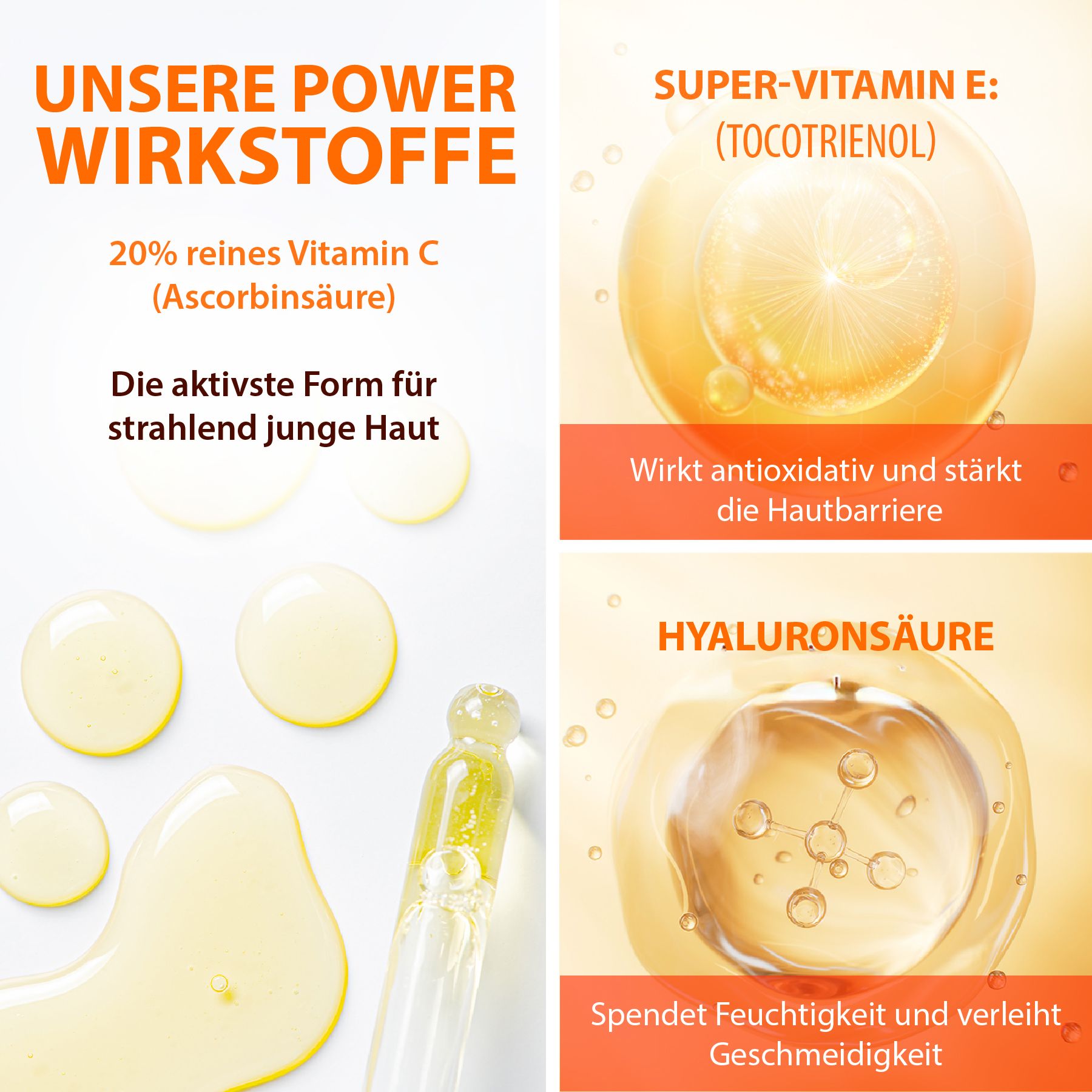 Grafik mit Inhaltsstoffen. Text: 20% reines Vitamin C, Super-Vitamin E, Hyaluronsäure. Wirkt antioxidativ, spendet Feuchtigkeit.
