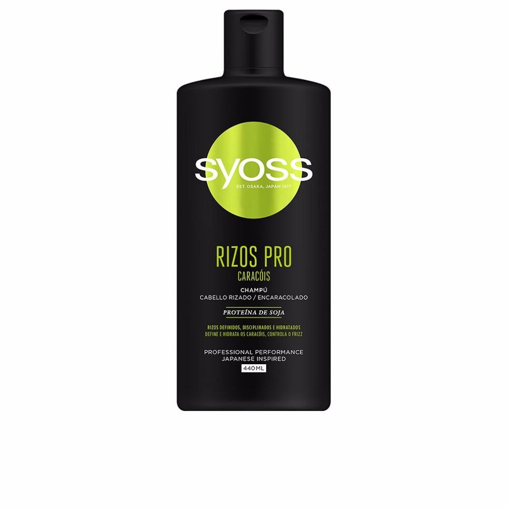 Schwarze Shampoo-Flasche mit grünem Etikett. Aufschrift: Syoss, Rizos Pro, Champú, Proteína de Soja. Japanisches Design.