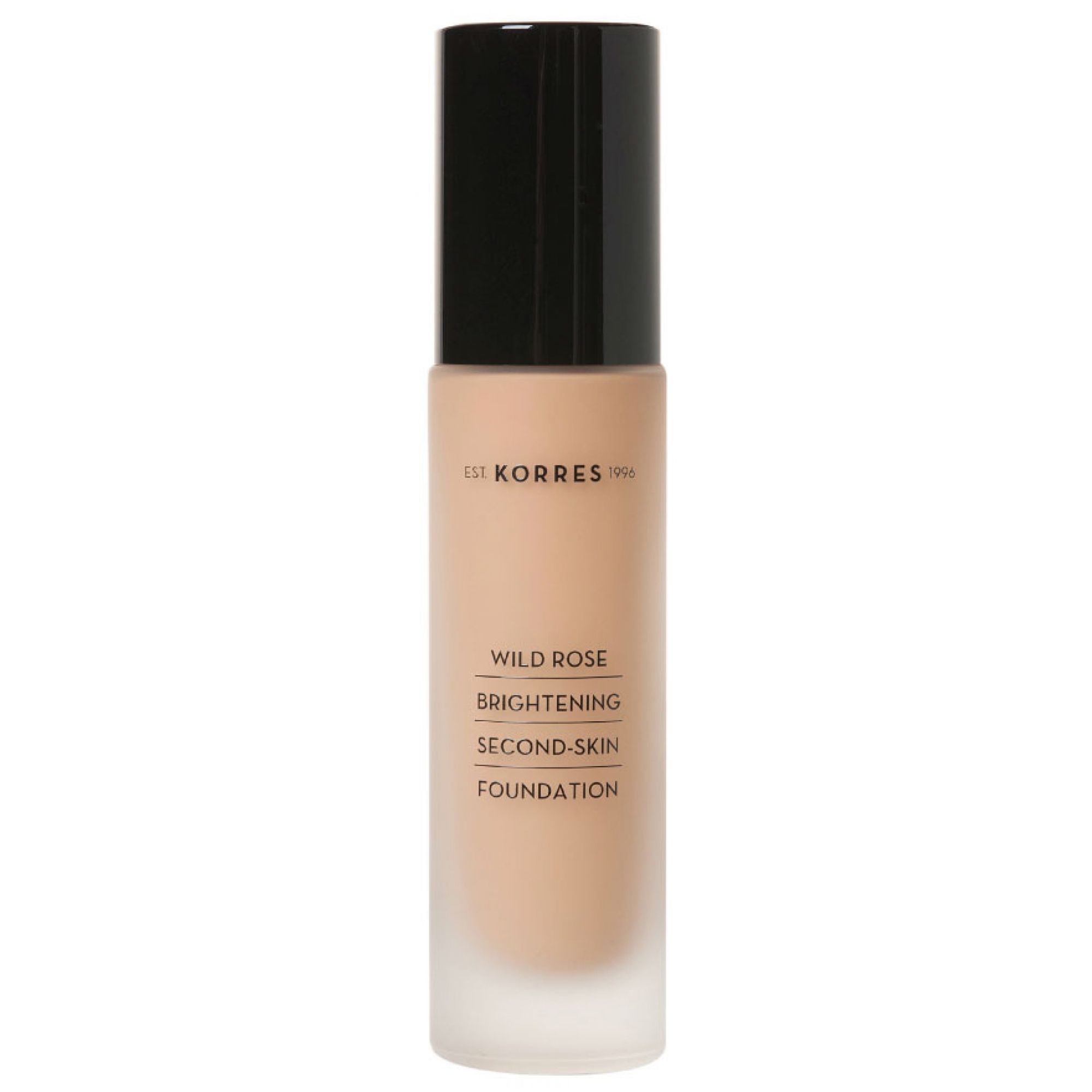 Flasche KORRES Wild Rose Brightening Second-Skin Foundation in hellem Hautton mit schwarzem Deckel.