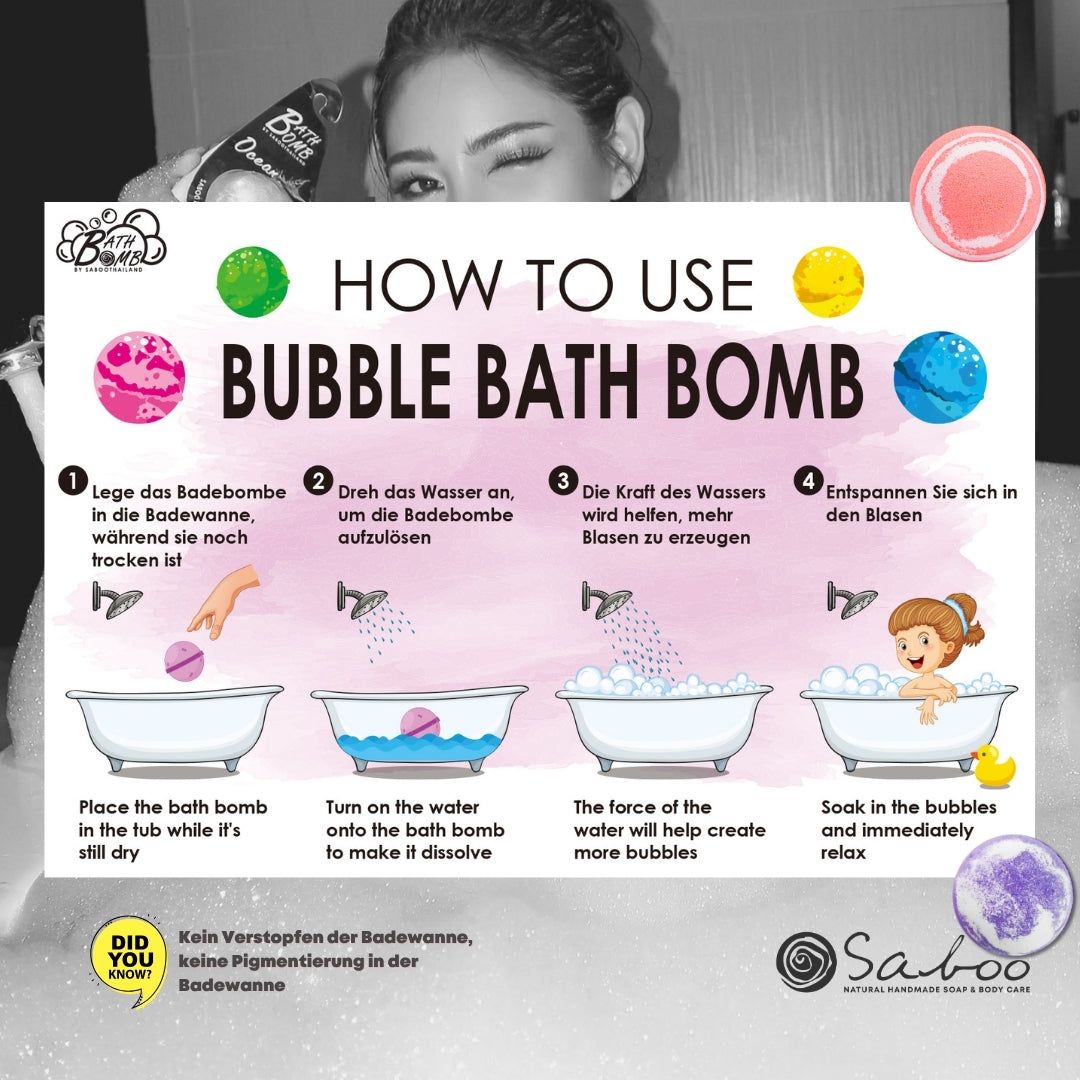 Anleitung zur Verwendung von Bad Bomben. Illustrationen: Badewanne, Wasserhahn, Blasen. Text: Bubble Bath Bomb. Logo: Saboo.