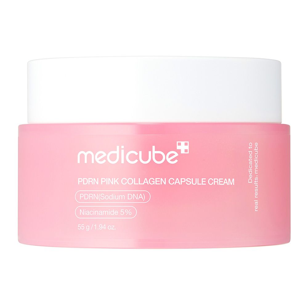 Medicube PDRN Pink Collagen Capsule Cream in einem rosa Tiegel mit weißem Deckel. Enthält 55g.