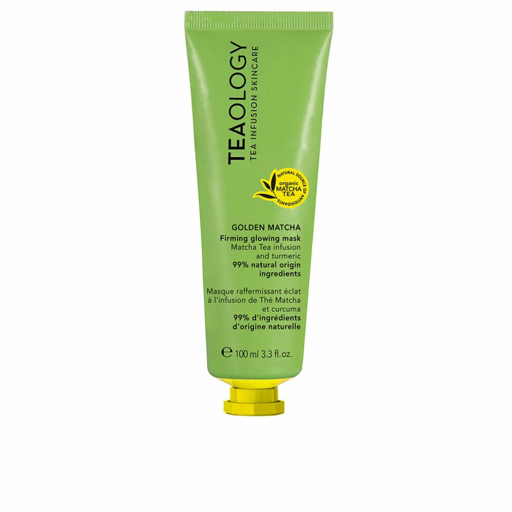Grüne Tube mit gelbem Verschluss. Aufschrift: TEAOLOGY, GOLDEN MATCHA Firming glowing mask, 99% natural origin ingredients. 100 ml.
