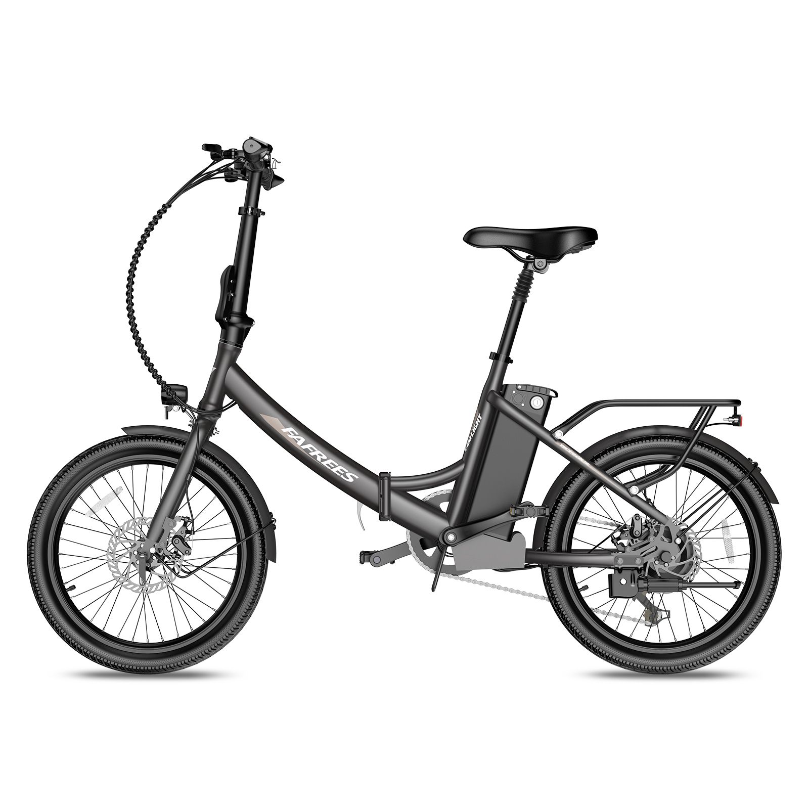 Schwarzes Falt-E-Bike mit Akku, Gepäckträger und Scheinwerfer. Marke FAFREES.