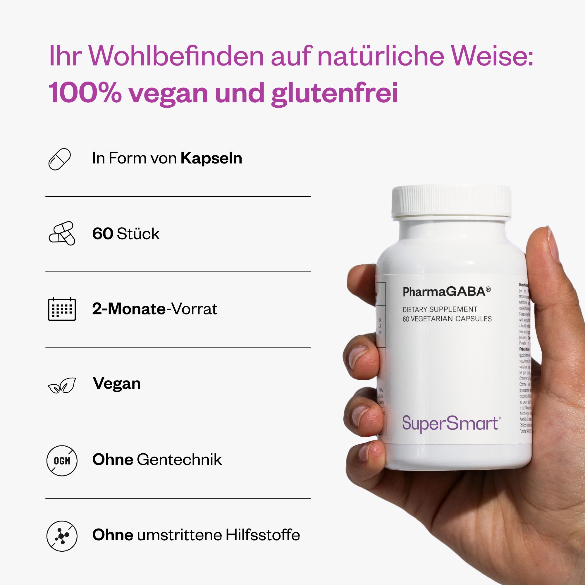 Hand hält weiße Flasche PharmaGABA® mit 60 Kapseln. Text: 100% vegan und glutenfrei, ohne Gentechnik, ohne Hilfsstoffe.