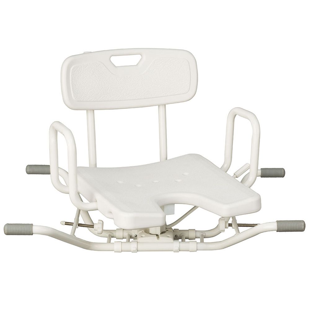 Drehbarer Badewannensitz aus Aluminium. Weißer Sitz mit Rückenlehne und Armlehnen. Graue Griffe an den Seiten.