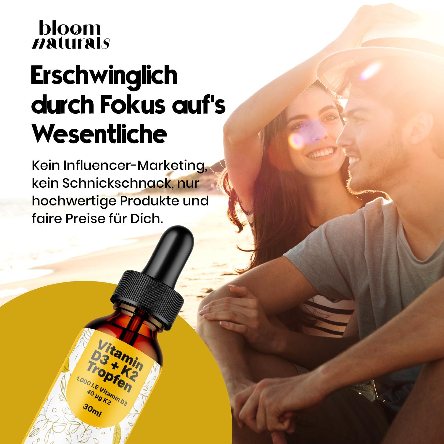 Eine Flasche mit Tropfen und ein Paar. Text: Erschwinglich durch Fokus aufs Wesentliche. Kein Influencer-Marketing, nur hochwertige Produkte und faire Preise.