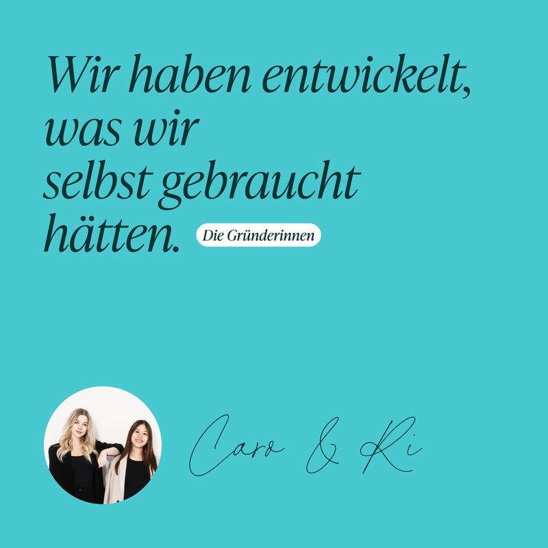Zwei Gründerinnen lächeln, mit Zitat "Wir haben entwickelt, was wir selbst gebraucht hätten."