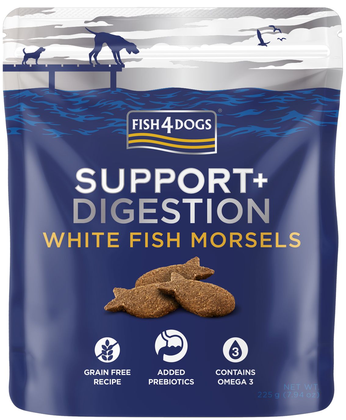Verpackung mit Fisch4Dogs Support+ Verdauung. Enthält Fisch-Morsels. Text: Support+ Digestion, White Fish Morsels, Grain Free Recipe, Added Prebiotics, Contains Omega 3.