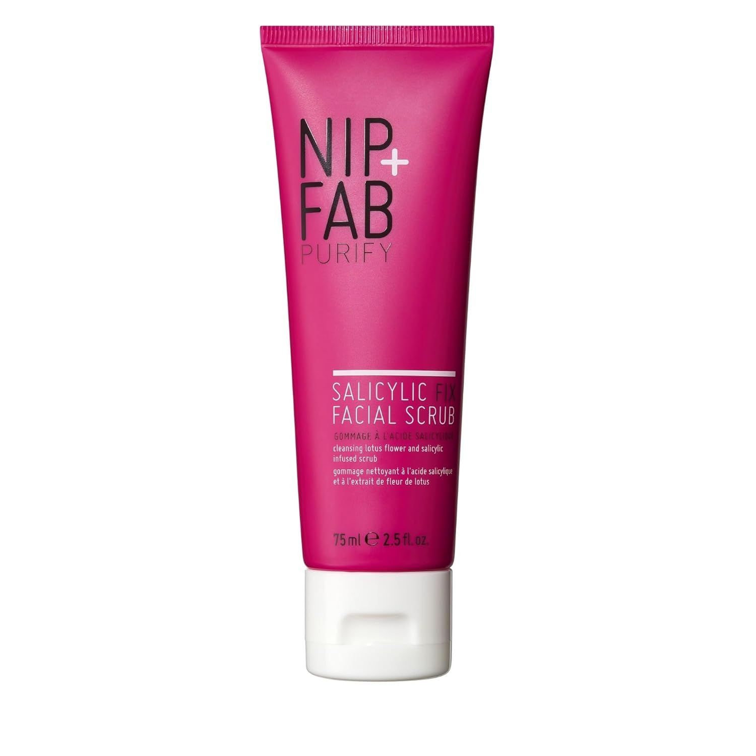 Pinkfarbene Tube mit Text. Auf der Tube steht "NIP+FAB PURIFY" und "SALICYLIC FACIAL SCRUB". 75ml.