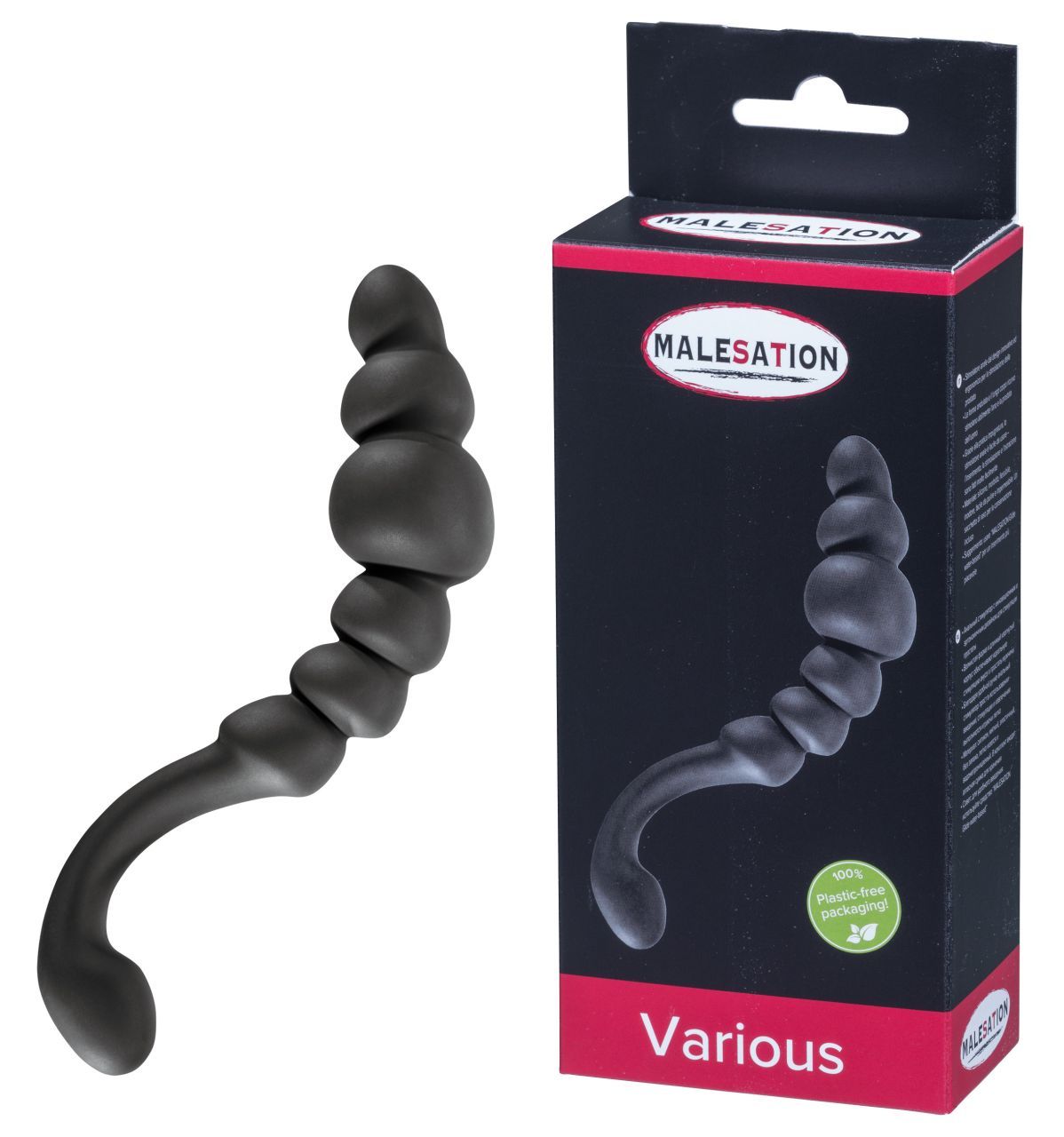 Schwarzes Wellness-Produkt mit geriffelter Oberfläche und kugelförmigen Elementen. In Verpackung mit Logo und Text.