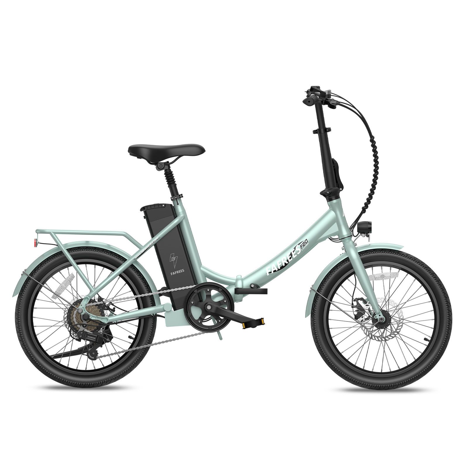 Hellgrünes Fafrees F20 E-Bike. Schwarze Reifen, Sattel und Lenker. Akku am Rahmen. Gepäckträger hinten.