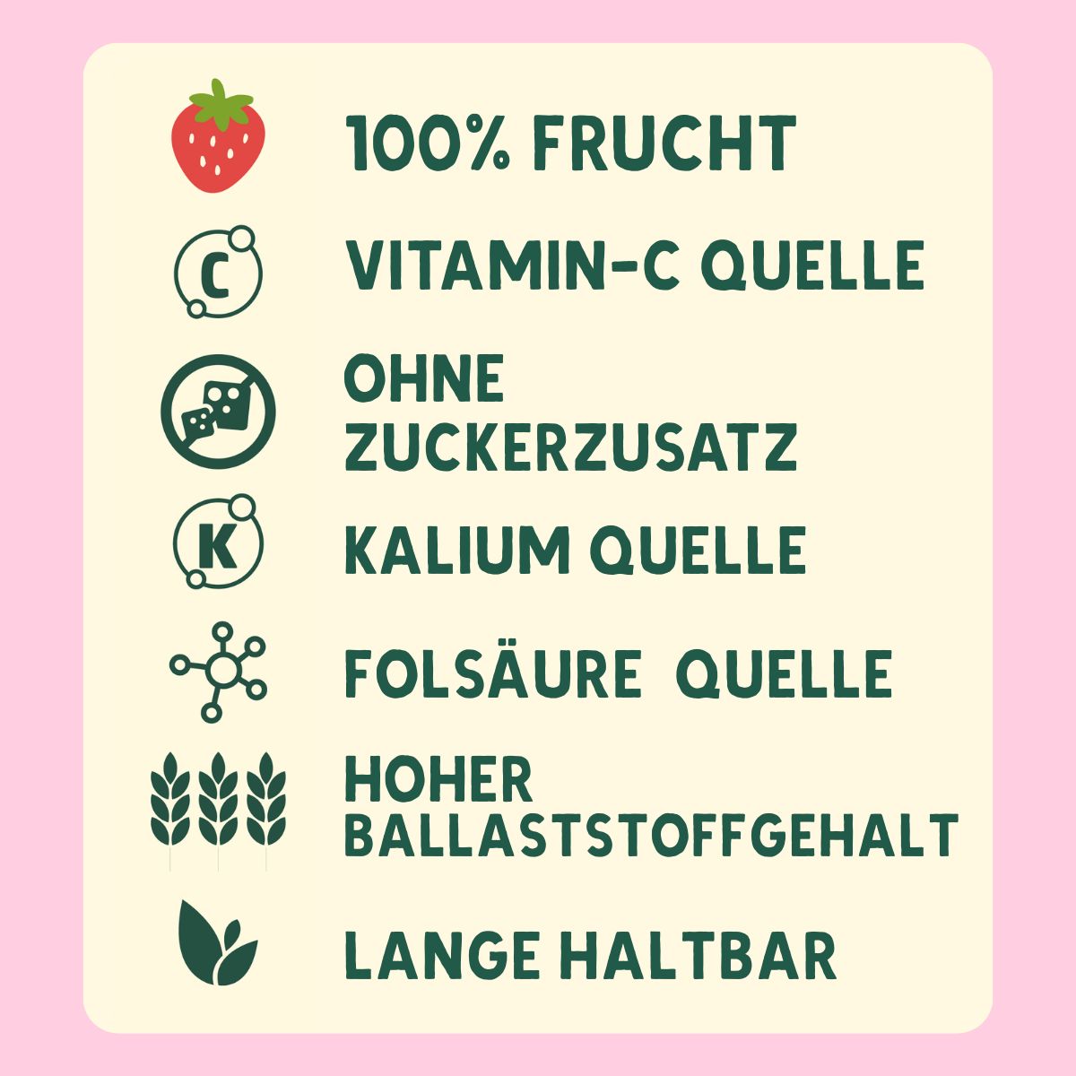 Text auf rosa Hintergrund. Aufschriften: 100% Frucht, Vitamin-C-Quelle, ohne Zuckerzusatz, Kaliumquelle, Folsäurequelle, hoher Ballaststoffgehalt, lange haltbar.