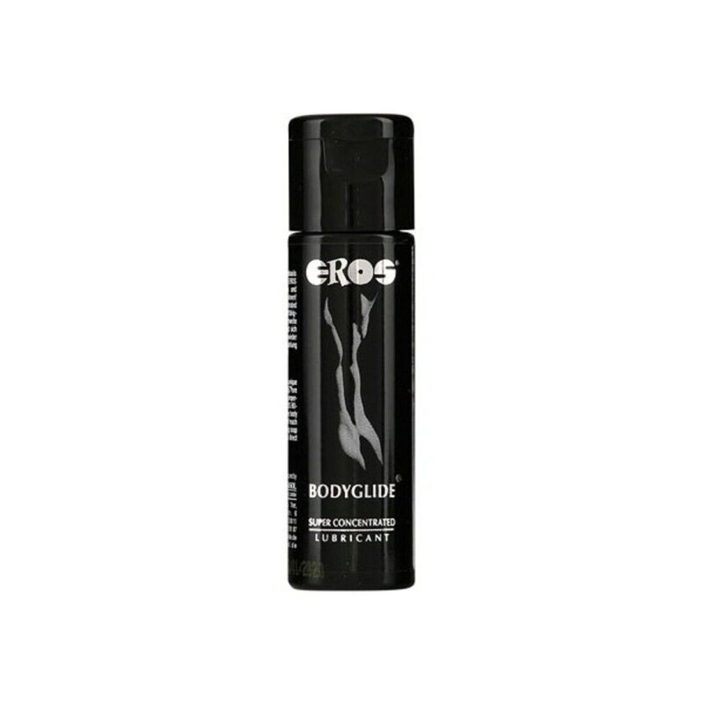 Schwarze Flasche mit weißem Etikett. Aufschrift: EROS, BODYGLIDE, SUPER CONCENTRATED LUBRICANT. Schwarzer Deckel.