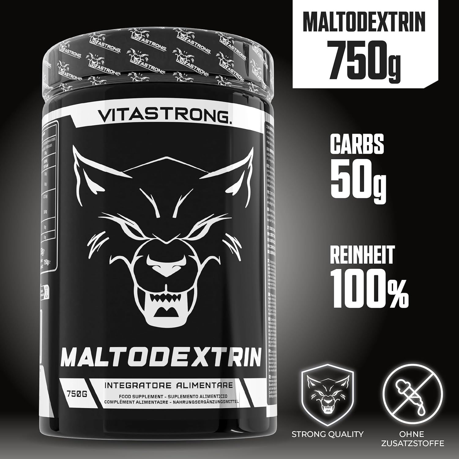 Dose Maltodextrin, 750g, 50g Kohlenhydrate, 100% Reinheit. Schwarze Dose mit weißem Logo.