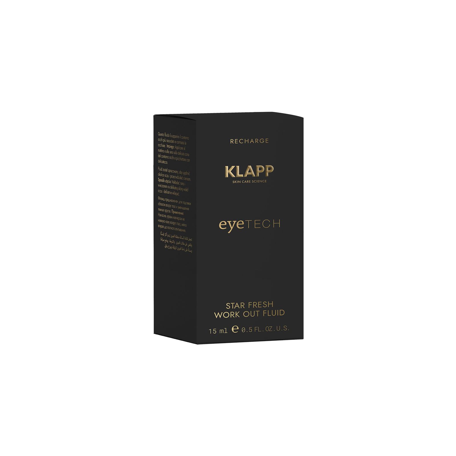 Schwarzer Karton mit goldfarbener Schrift. Aufschrift: KLAPP, eyetech, STAR FRESH WORK OUT FLUID. Volumen: 15 ml.
