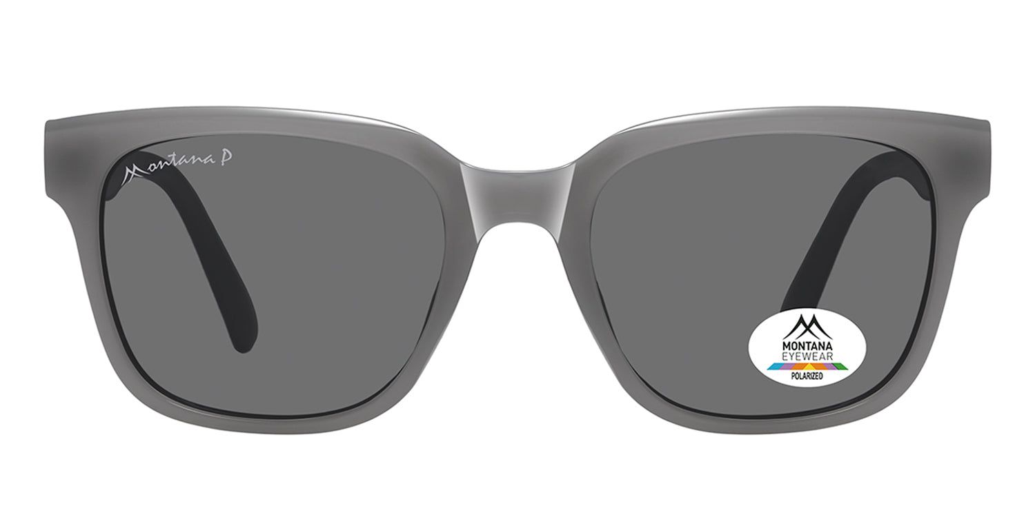 Graue Sonnenbrille mit dunklen Gläsern. Auf einem Glas ist ein Aufkleber mit Logo und der Aufschrift 'POLARIZED' zu sehen. Der Markenname ist auf dem linken Bügel.